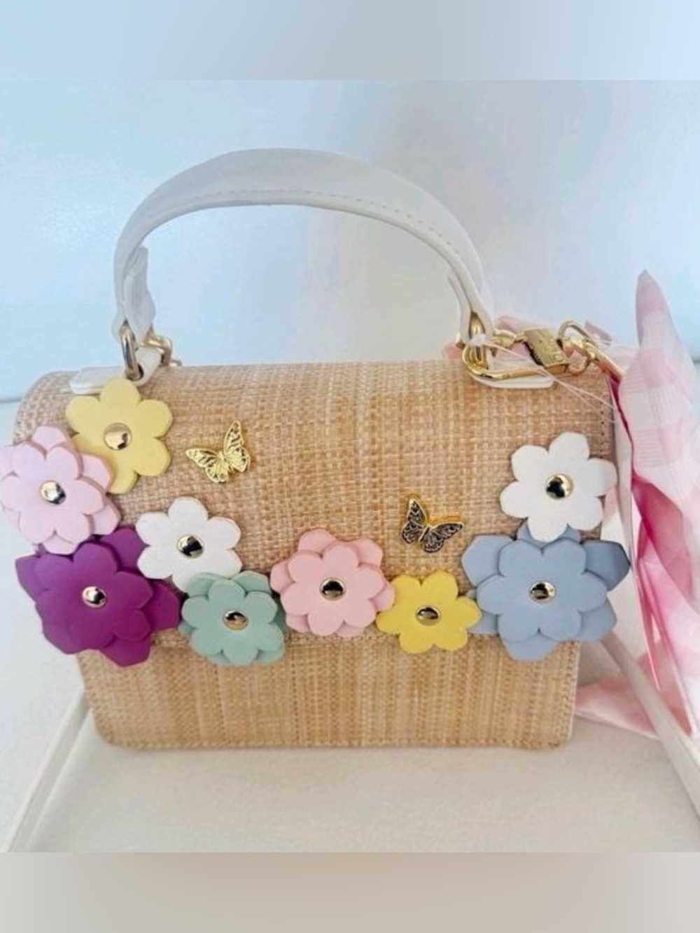 Top-Handle Floral Embellished Straw Satchel in Natural with Pastel Flowers - Picture 5 of 9